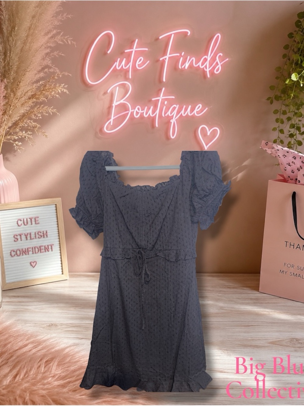 Square Neck Short Sleeve Dress in Navy Blue